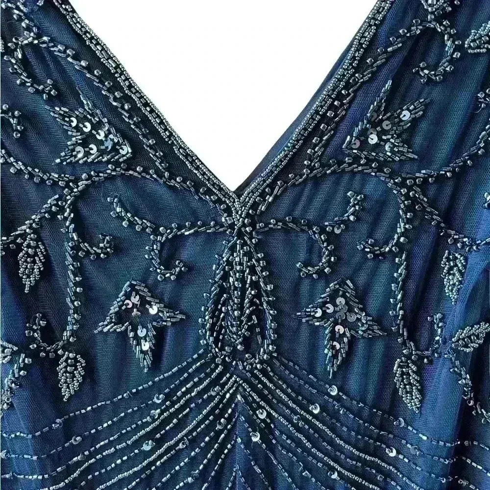 NEW PISARRO NIGHTS Beaded Double V-Neck Dress Navy Blue - Picture 6 of 12